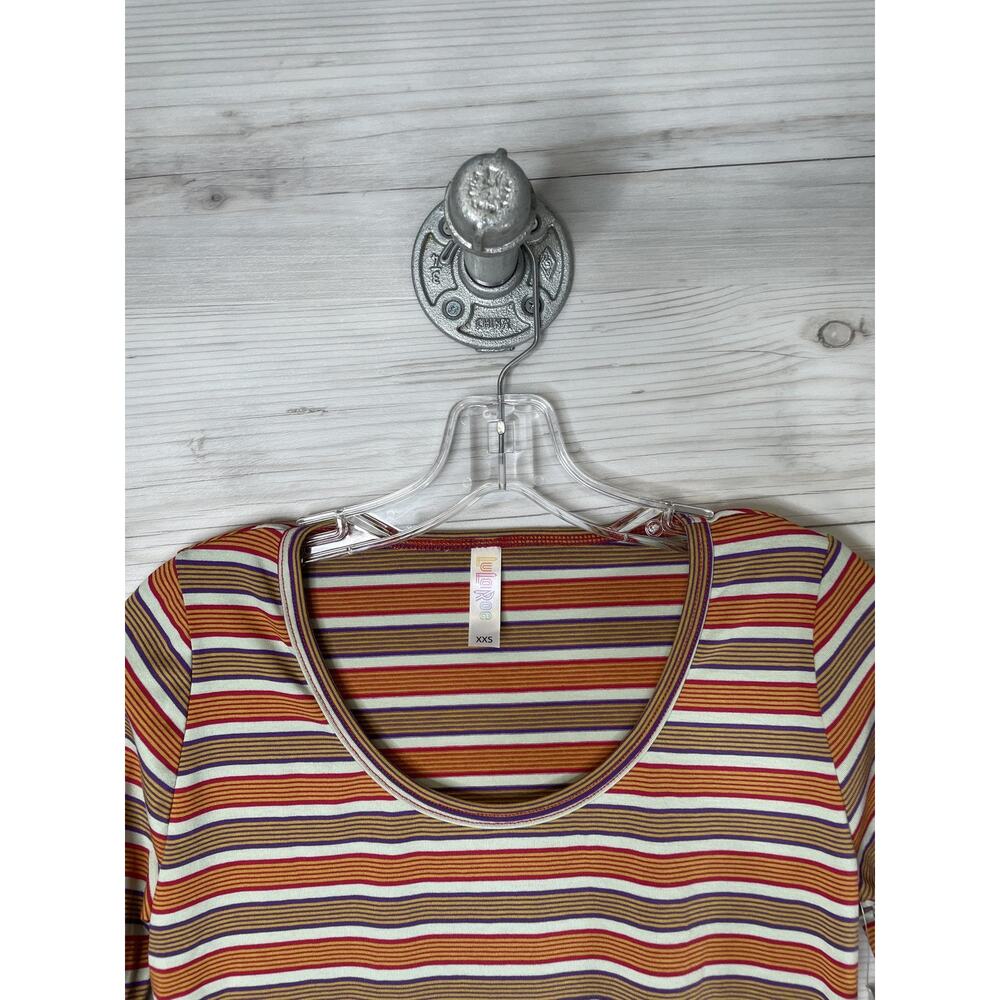 LuLaRoe‎ Lynnae Womens XXS Brown Orange Striped 3/4 Sleeve Scoop Neck Top USA - Picture 2 of 11